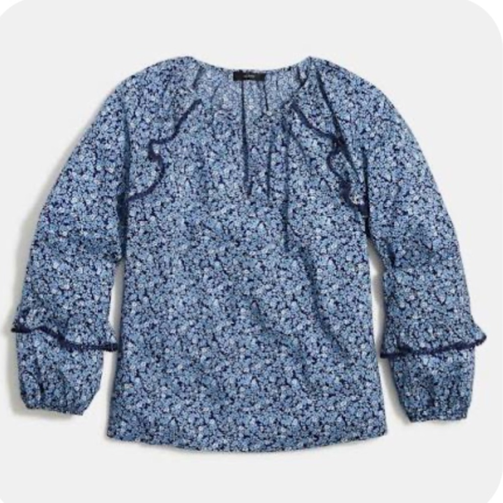 J Crew Printed Ruffle-trim Top Blouse Shirt Floral Boho Romantic Peasant NEW M